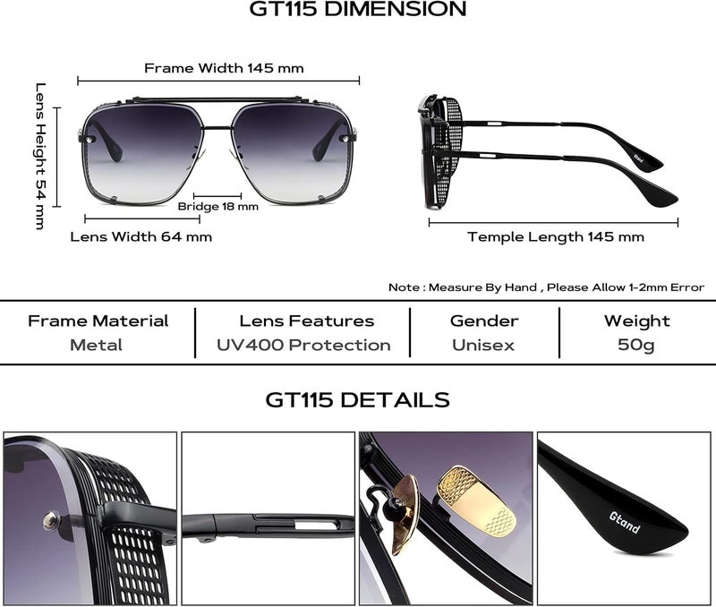 Gtand نظارات جي تي آند الشمسية الطيار المربعة الضخمة ذات العدسات المتدرجة للرجال، درع جانبي معدني قديم، نظارات ستيم بانك 64 ملم - Image 5
