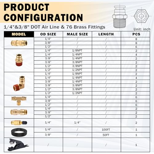 CheeMuii 76 PCS Brass DOT Air Line Fittings with 100FT 14 and 50FT 38 DOT Air Line Kit Push Lock Air Fitting Quick Connect NPT Thread Fittings with Pneumatic Tubing Set - Image 3