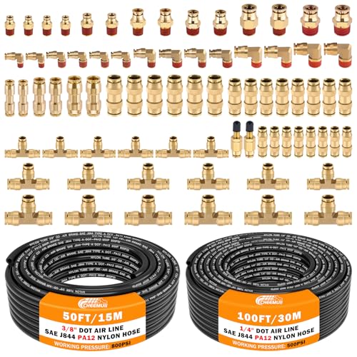CheeMuii 76 PCS Brass DOT Air Line Fittings with 100FT 14 and 50FT 38 DOT Air Line Kit Push Lock Air Fitting Quick Connect NPT Thread Fittings with Pneumatic Tubing Set - Image 1