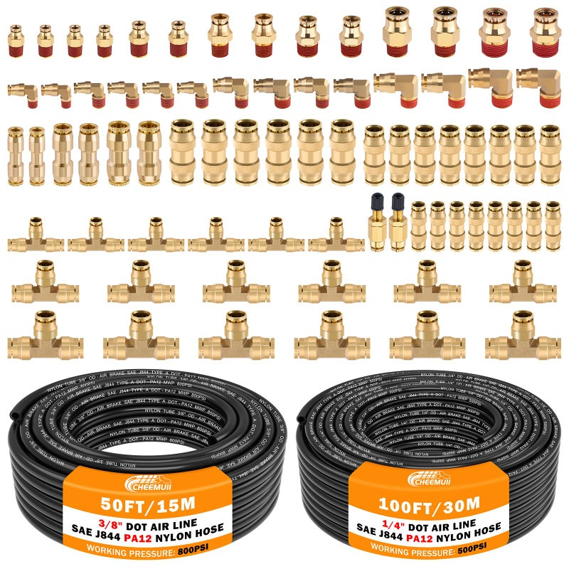 CheeMuii 76 PCS Brass DOT Air Line Fittings with 100FT 14 and 50FT 38 DOT Air Line Kit Push Lock Air Fitting Quick Connect NPT Thread Fittings with Pneumatic Tubing Set - Image 2