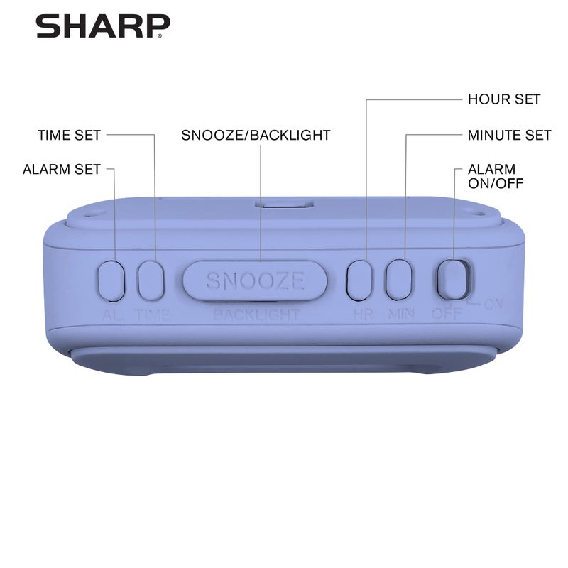 Sharp Digital Alarm Clock â€“ Tactile Case with Soft Rubberized Finish - Battery Operated â€“ Blue Backlight on Demand â€“ Ascending Alarm â€“ Easy to Use â€“ Lavender - Image 4