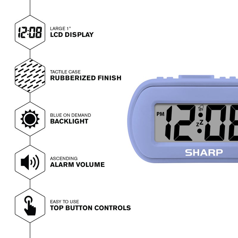 Sharp Digital Alarm Clock â€“ Tactile Case with Soft Rubberized Finish - Battery Operated â€“ Blue Backlight on Demand â€“ Ascending Alarm â€“ Easy to Use â€“ Lavender - Image 3