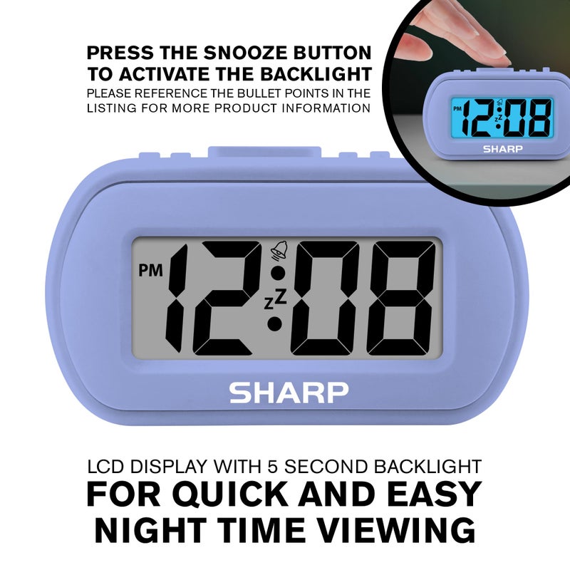 Sharp Digital Alarm Clock â€“ Tactile Case with Soft Rubberized Finish - Battery Operated â€“ Blue Backlight on Demand â€“ Ascending Alarm â€“ Easy to Use â€“ Lavender - Image 5