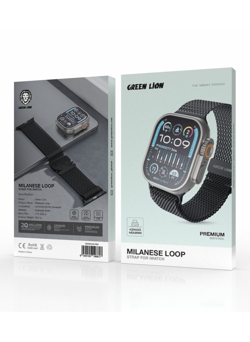 GREEN LION - Milanese Loop Strap For iWatch / Premium Material / 42/44/45/46/49 Universal Compatibility / Stainless Steel Smart Watch Band - Black - Image 1