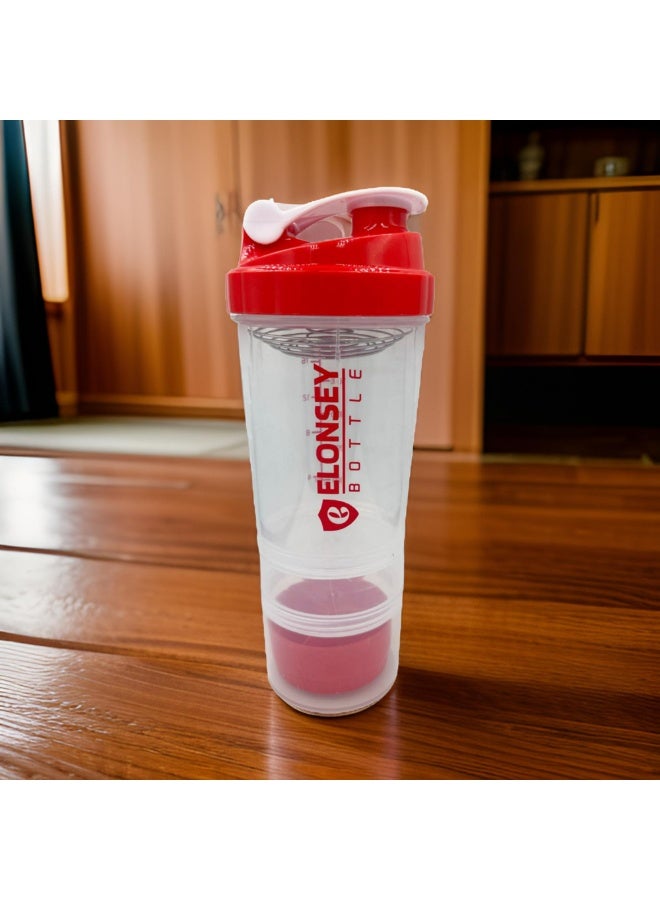ELONSEY 500 ml Water Bottle with 3-Layer Twist and Lock Storage, 100% BPA-Free Leak Proof Fitness Sports Bottle With Straw and Time Markers, Supplements Non-Slip Mix Shake Bottle - Red 500 ml - Image 3