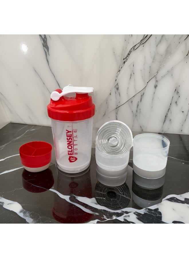 ELONSEY 500 ml Water Bottle with 3-Layer Twist and Lock Storage, 100% BPA-Free Leak Proof Fitness Sports Bottle With Straw and Time Markers, Supplements Non-Slip Mix Shake Bottle - Red 500 ml - Image 2