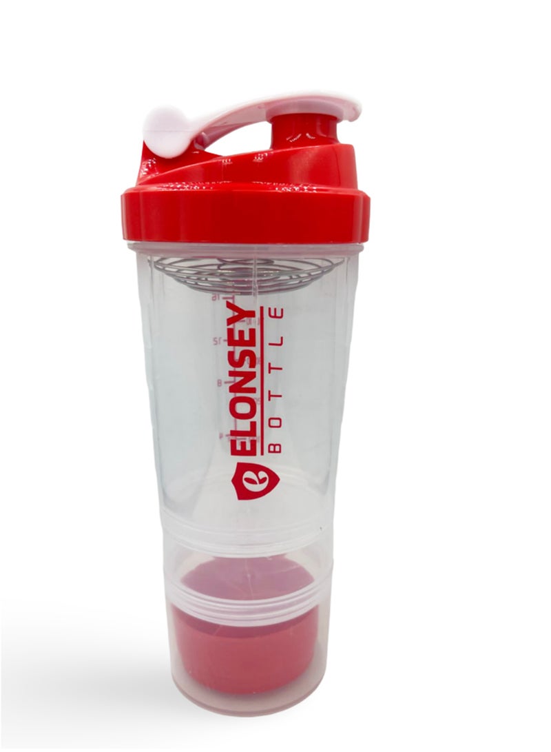 ELONSEY 500 ml Water Bottle with 3-Layer Twist and Lock Storage, 100% BPA-Free Leak Proof Fitness Sports Bottle With Straw and Time Markers, Supplements Non-Slip Mix Shake Bottle - Red 500 ml - Image 1