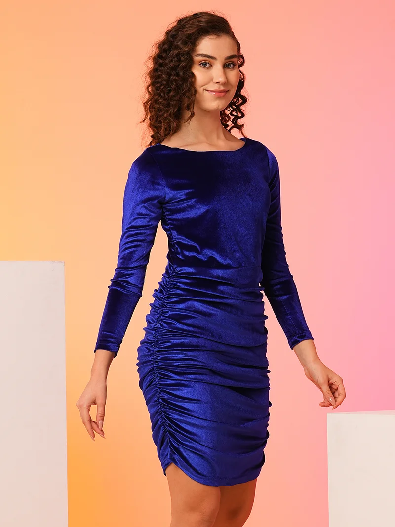 globus Women Blue Velvet Ruched Bodycon Party Dress