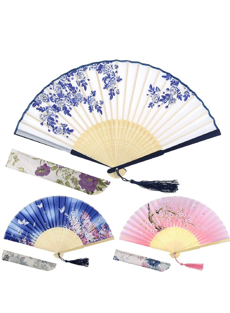 KASTWAVE 3 Pack Chinese Vintage Style Handheld Fan with Fabric Sleeve Silk Fan with Bamboo Frame and Elegant Tassel for Party Wedding Dancing Decoration - Image 1