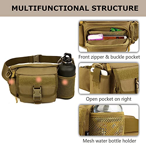 SunForMorning Tactical Fanny Pack with Mesh Water Bottle Holder Pouch Military Running Waist Bag Sling Hip Belt MOLLE Army Lumbar Gear Pocket (1 Patch Included), Brown - Image 5