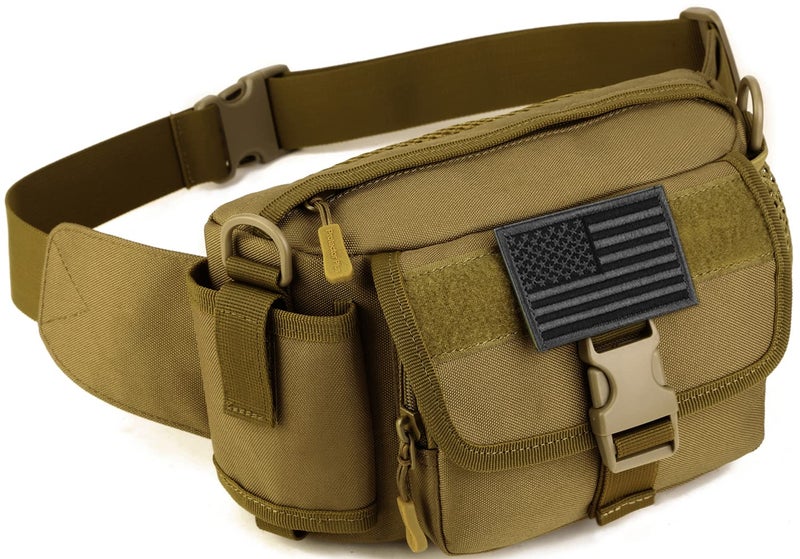 SunForMorning Tactical Fanny Pack with Mesh Water Bottle Holder Pouch Military Running Waist Bag Sling Hip Belt MOLLE Army Lumbar Gear Pocket (1 Patch Included), Brown - Image 1