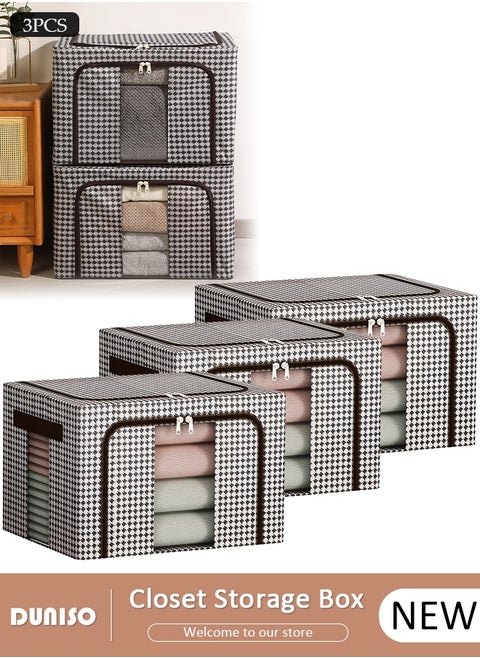 3 Pack Closet Storage Box with Metal Frame, Stackable Flodable Closet Container Organizer with Lids Handle Double & Zippers, Large Capacity Wardrobe Clothes Storage Box with Clear Window for Blanket, Bedding, Clothes, Comforter