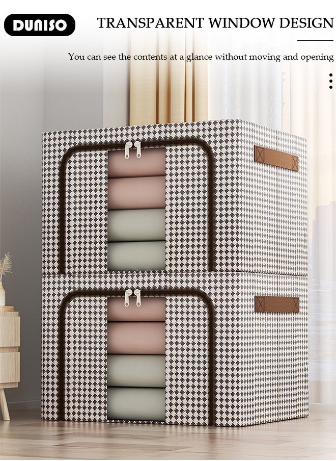 DUNISO - 3 Pack Closet Storage Box with Metal Frame, Stackable Flodable Closet Container Organizer with Lids Handle Double & Zippers, Large Capacity Wardrobe Clothes Storage Box with Clear Window for Blanket, Bedding, Clothes, Comforter - Image 1