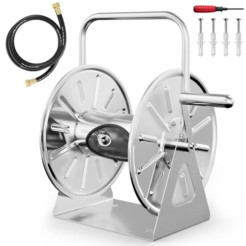 SPECILITE Stainless Steel Garden Hose Reel Portable Outdoor Metal Wall MountFloor Spool Holds 58 Inch 75ft Capacity with 6ft Leader Water Pipe UV Resistant Yard Patio - Image 1