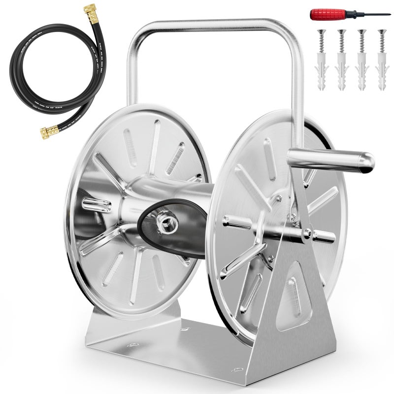 SPECILITE Stainless Steel Garden Hose Reel Portable Outdoor Metal Wall MountFloor Spool Holds 58 Inch 75ft Capacity with 6ft Leader Water Pipe UV Resistant Yard Patio - Image 2
