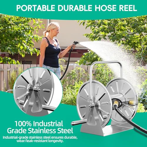 SPECILITE Stainless Steel Garden Hose Reel Portable Outdoor Metal Wall MountFloor Spool Holds 58 Inch 75ft Capacity with 6ft Leader Water Pipe UV Resistant Yard Patio - Image 3
