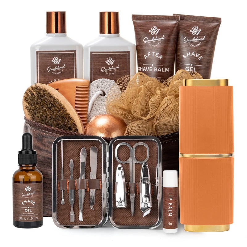 RA ROSA ACCA Bath Gift Set Beard Kit with Leather Bag 21pcs Sandalwood Bergamot Home Spa Kit Relaxing Mens Body Wash Gift Basket More for Christmas Birthday Fathers Day Gift Dad Boyfirend Husband - Image 1