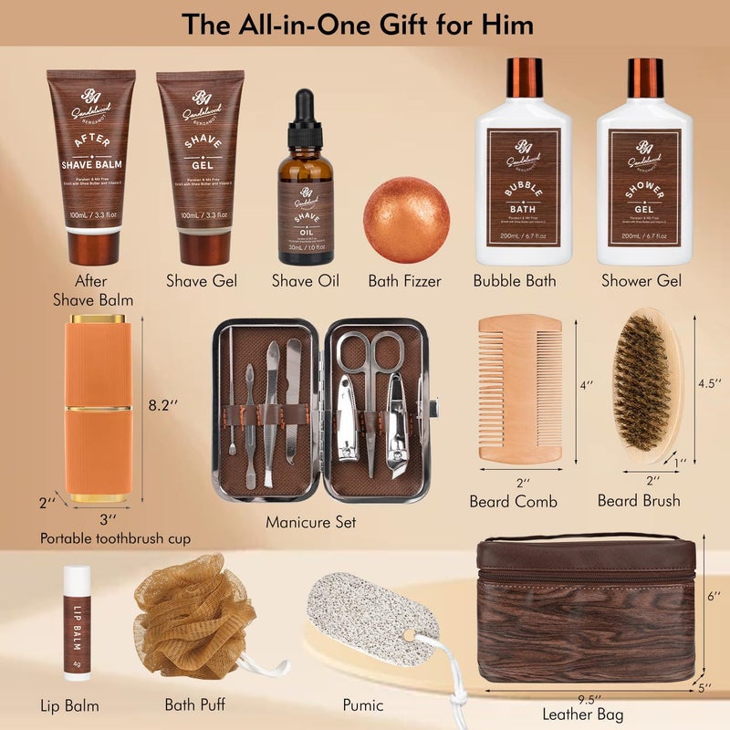 RA ROSA ACCA Bath Gift Set Beard Kit with Leather Bag 21pcs Sandalwood Bergamot Home Spa Kit Relaxing Mens Body Wash Gift Basket More for Christmas Birthday Fathers Day Gift Dad Boyfirend Husband - Image 2