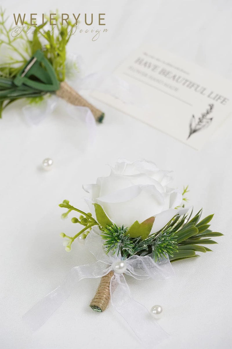 WEIERYUE White Rose Wrist Flowers and Men's Corsage Wedding Flowers Ceremony 2Pcs Boutonniere Buttonholes and Wrist Corsage Wristband Roses Wrist Corsage (2pcs White Corsages) - Image 2