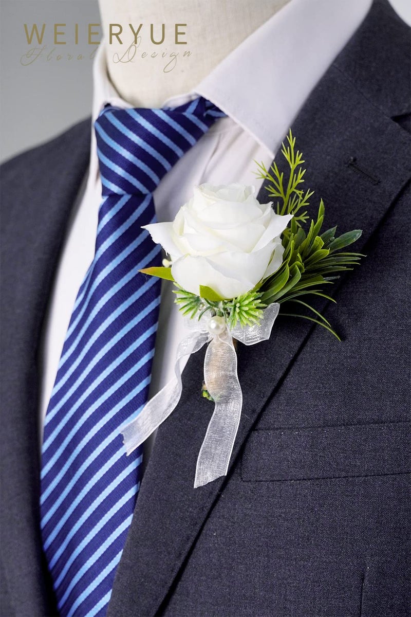 WEIERYUE White Rose Wrist Flowers and Men's Corsage Wedding Flowers Ceremony 2Pcs Boutonniere Buttonholes and Wrist Corsage Wristband Roses Wrist Corsage (2pcs White Corsages) - Image 3