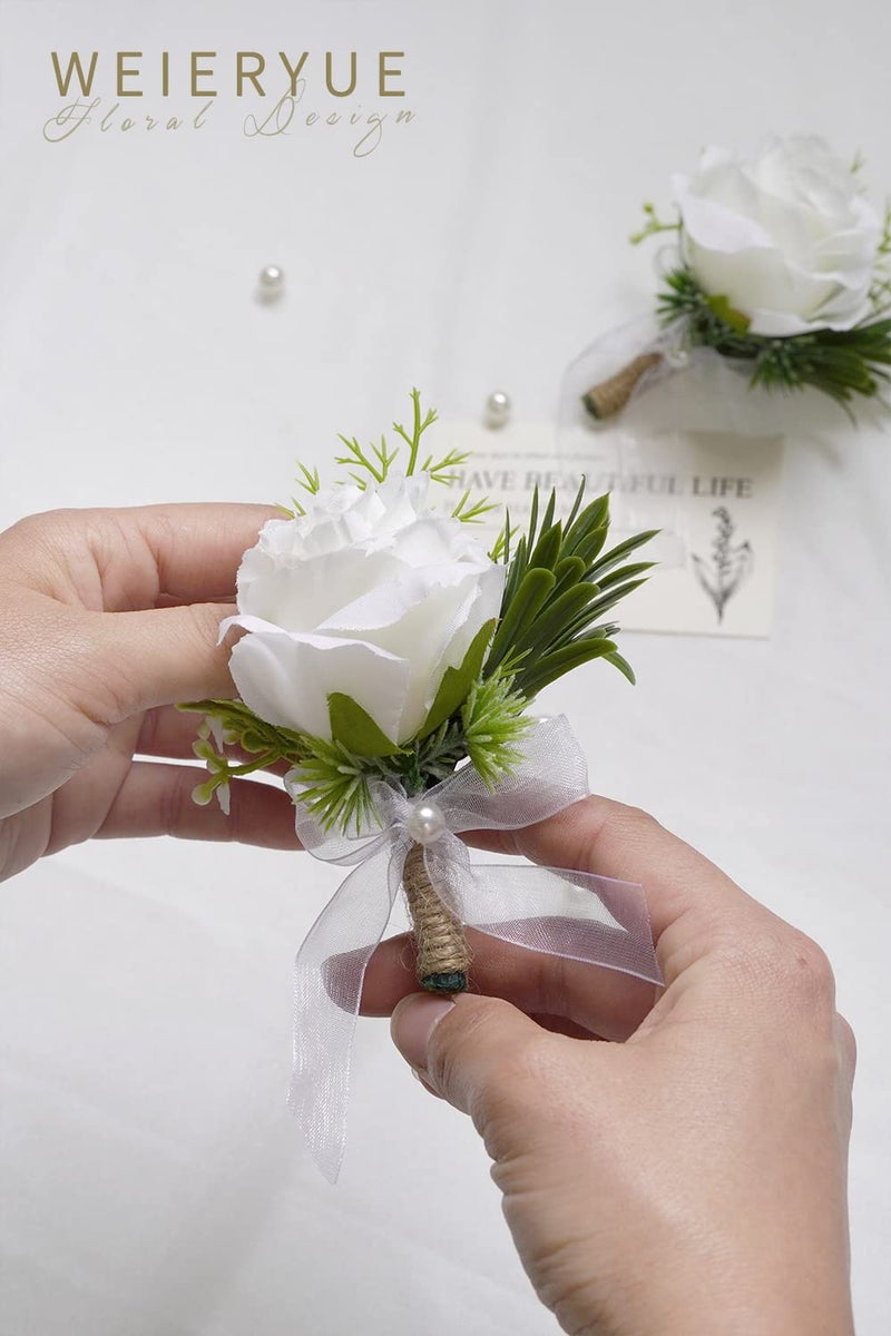 WEIERYUE White Rose Wrist Flowers and Men's Corsage Wedding Flowers Ceremony 2Pcs Boutonniere Buttonholes and Wrist Corsage Wristband Roses Wrist Corsage (2pcs White Corsages) - Image 5