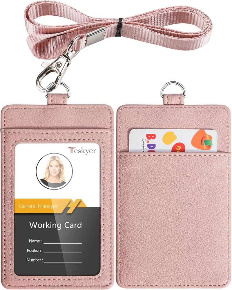 Teskyer Badge Holder with Lanyard, Leather ID Name Badge Card Holder with Lanyard for ID Badges, Vertical, Lychee Pattern Dark Pink - Image 1