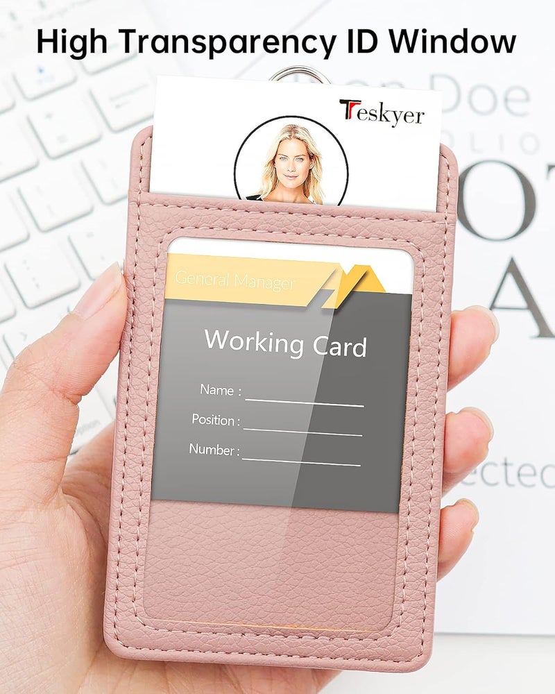 Teskyer Badge Holder with Lanyard, Leather ID Name Badge Card Holder with Lanyard for ID Badges, Vertical, Lychee Pattern Dark Pink - Image 4