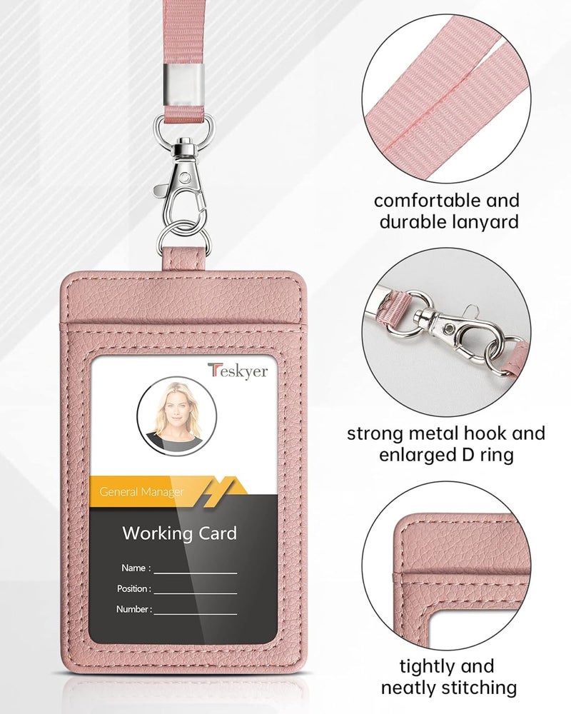 Teskyer Badge Holder with Lanyard, Leather ID Name Badge Card Holder with Lanyard for ID Badges, Vertical, Lychee Pattern Dark Pink - Image 3