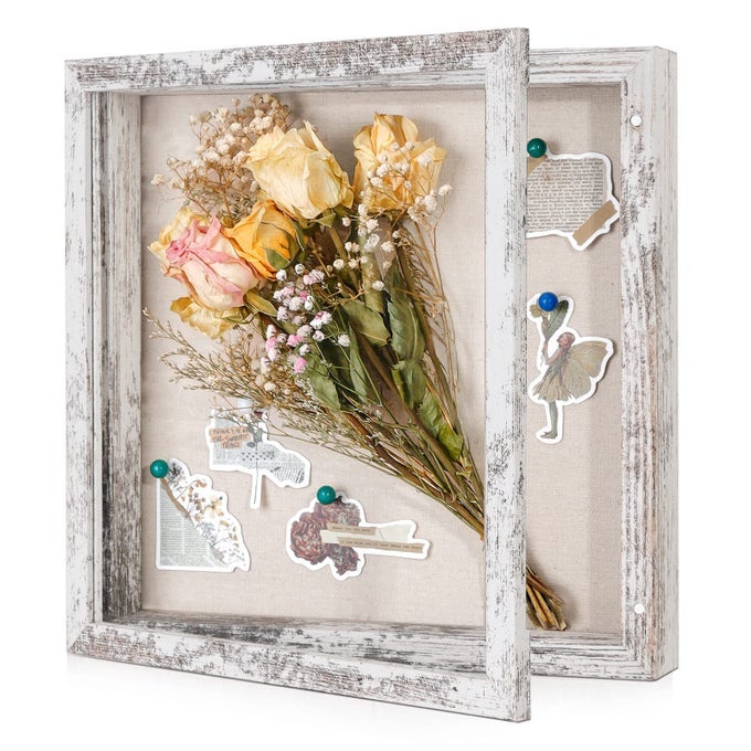 11X11 SHADOW BOX FRAME WITH LINEN BACK STURDY RUSTIC MEMORY DISPLAY CASE OF FLOWER PICTURES MEDALS AND MORE DISTRESSED WHITE