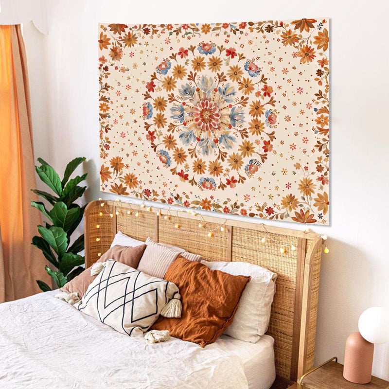 Fowocu Boho Floral Mandala Tapestry Wall Hanging Watercolor Bohemian Flower Medallion Tapestry Aesthetic Beige Orange Hippie Indian Small Tapestries for Bedroom Living Room Dorm Decor 40 x 30 Inch - Image 3