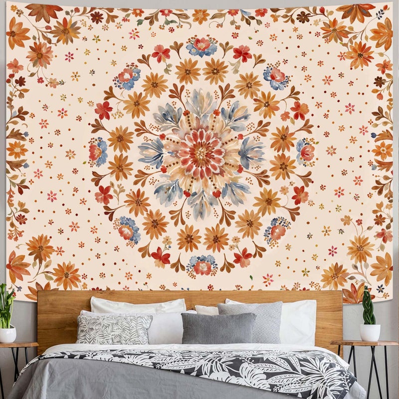 Fowocu Boho Floral Mandala Tapestry Wall Hanging Watercolor Bohemian Flower Medallion Tapestry Aesthetic Beige Orange Hippie Indian Small Tapestries for Bedroom Living Room Dorm Decor 40 x 30 Inch - Image 5