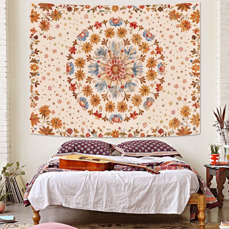 Fowocu Boho Floral Mandala Tapestry Wall Hanging Watercolor Bohemian Flower Medallion Tapestry Aesthetic Beige Orange Hippie Indian Small Tapestries for Bedroom Living Room Dorm Decor 40 x 30 Inch - Image 4