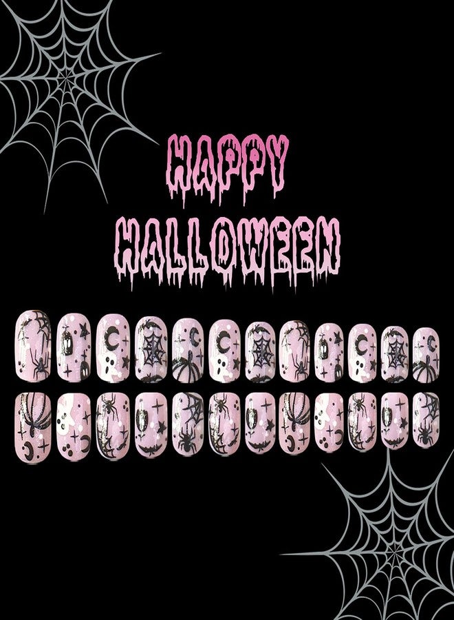 KKUUOO 24Pcs Halloween Press on Nails, Pink Short Square Fake Nails,Full Cover False Nails with Ghost Spider Spider Web, Reusable Glossy Acrylic Stick on Nails for Women DIY Manicure Decorations - Image 4
