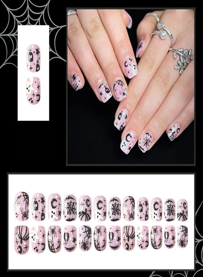KKUUOO 24Pcs Halloween Press on Nails, Pink Short Square Fake Nails,Full Cover False Nails with Ghost Spider Spider Web, Reusable Glossy Acrylic Stick on Nails for Women DIY Manicure Decorations - Image 3