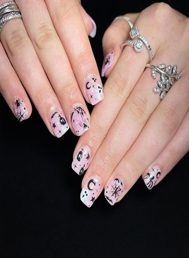 KKUUOO 24Pcs Halloween Press on Nails, Pink Short Square Fake Nails,Full Cover False Nails with Ghost Spider Spider Web, Reusable Glossy Acrylic Stick on Nails for Women DIY Manicure Decorations - Image 1