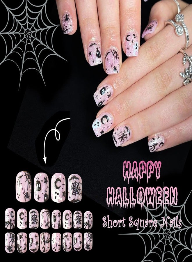 KKUUOO 24Pcs Halloween Press on Nails, Pink Short Square Fake Nails,Full Cover False Nails with Ghost Spider Spider Web, Reusable Glossy Acrylic Stick on Nails for Women DIY Manicure Decorations - Image 2