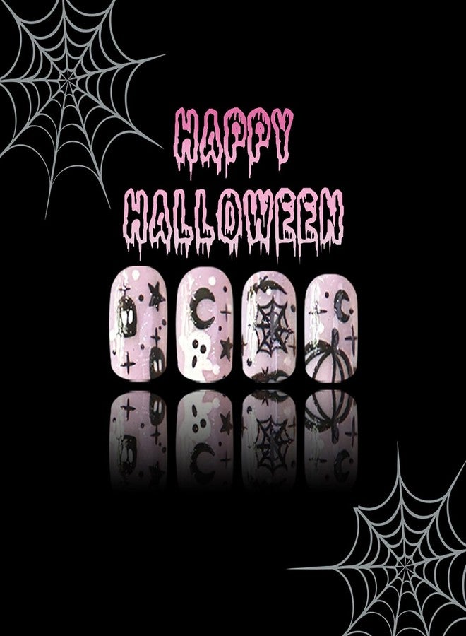 KKUUOO 24Pcs Halloween Press on Nails, Pink Short Square Fake Nails,Full Cover False Nails with Ghost Spider Spider Web, Reusable Glossy Acrylic Stick on Nails for Women DIY Manicure Decorations - Image 5