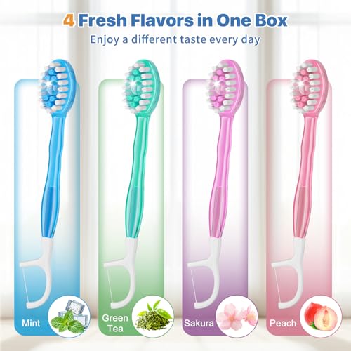 GoFujuco 5in1 Disposable Toothbrush with Toothpaste 70 Pack Mini Travel Toothbrushes with Soft Bristles Dental Floss Toothpick Tongue Scraper No Water Needed 4 Flavors - Image 3