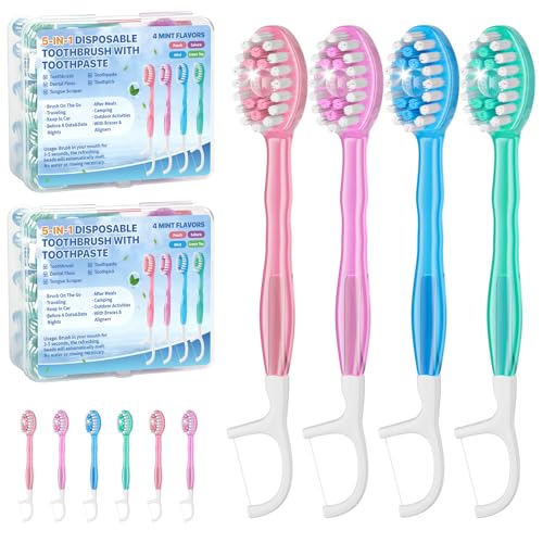 GoFujuco 5in1 Disposable Toothbrush with Toothpaste 70 Pack Mini Travel Toothbrushes with Soft Bristles Dental Floss Toothpick Tongue Scraper No Water Needed 4 Flavors - Image 1