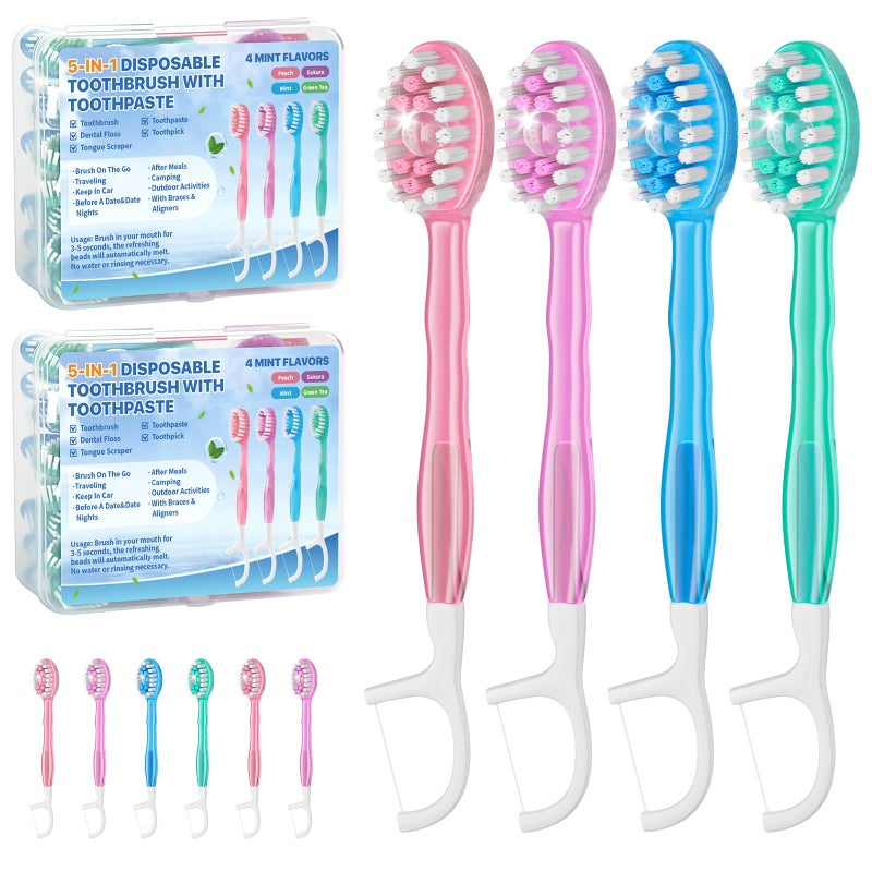 GoFujuco 5in1 Disposable Toothbrush with Toothpaste 70 Pack Mini Travel Toothbrushes with Soft Bristles Dental Floss Toothpick Tongue Scraper No Water Needed 4 Flavors - Image 2