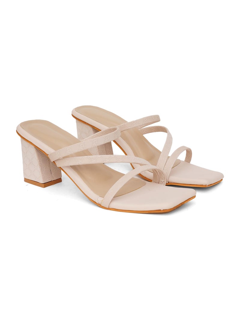 NZS Women’s Cream Block Heel Slip-On Sandals – Stylish Heel Party Footwear Heels with Cross Strap Design EU39 - Image 1