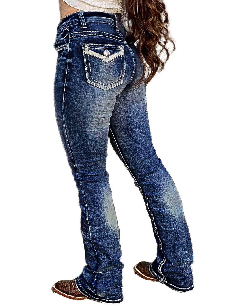 Flamingals Boot Cut Jeans for Women Trendy Stretch Jeans Butt Lifting Tummy Control Denim Pants Deep Blue L - Image 1