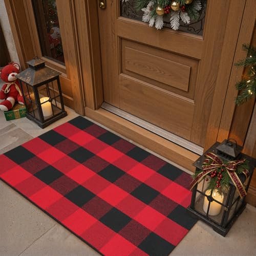 LEEVAN Christmas Outdoor Rug 2x3 Red and Black Buffalo Plaid Front Porch Rug Washable Checkered Entryway Rugs Cotton Woven Farmhouse Layered Doormat for Bathroom Holiday Decor - Image 1