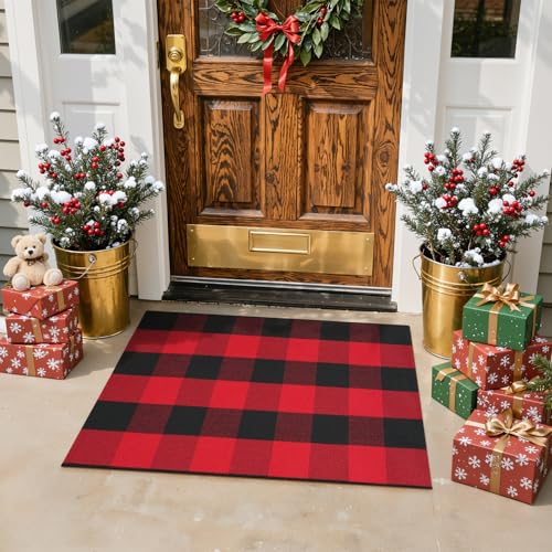 LEEVAN Christmas Outdoor Rug 2x3 Red and Black Buffalo Plaid Front Porch Rug Washable Checkered Entryway Rugs Cotton Woven Farmhouse Layered Doormat for Bathroom Holiday Decor - Image 3