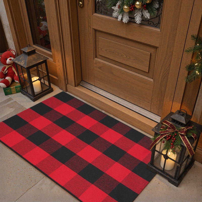 LEEVAN Christmas Outdoor Rug 2x3 Red and Black Buffalo Plaid Front Porch Rug Washable Checkered Entryway Rugs Cotton Woven Farmhouse Layered Doormat for Bathroom Holiday Decor - Image 2