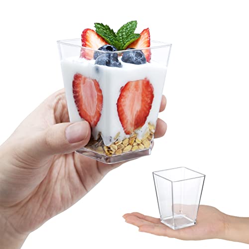 SHOPDAY 5 oz Plastic Dessert Cups with Lids 100 Pack Small Clear Square Parfait Cups with Spoons, Mini Plastic Tumbler Serving Cups for Tasting Party Appetizers Mousse Yogurt - Image 3