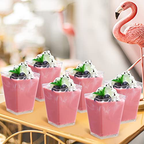 SHOPDAY 5 oz Plastic Dessert Cups with Lids 100 Pack Small Clear Square Parfait Cups with Spoons, Mini Plastic Tumbler Serving Cups for Tasting Party Appetizers Mousse Yogurt - Image 5