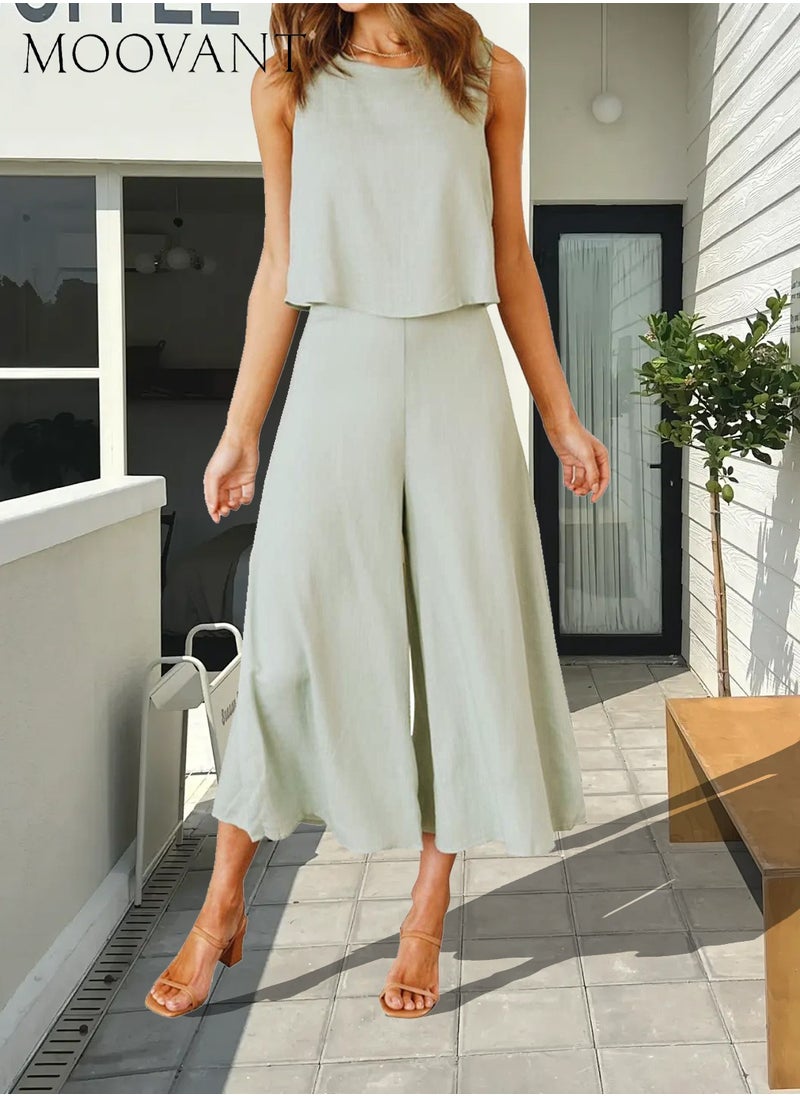Moovant Women's 2 Pieces Outfits, Thin and Soft, Crew-neck Basic Sleeveless Top Cropped Wide Leg Pants Set, Ladies Summer Wearing Clothes, Light Green  - Image 1
