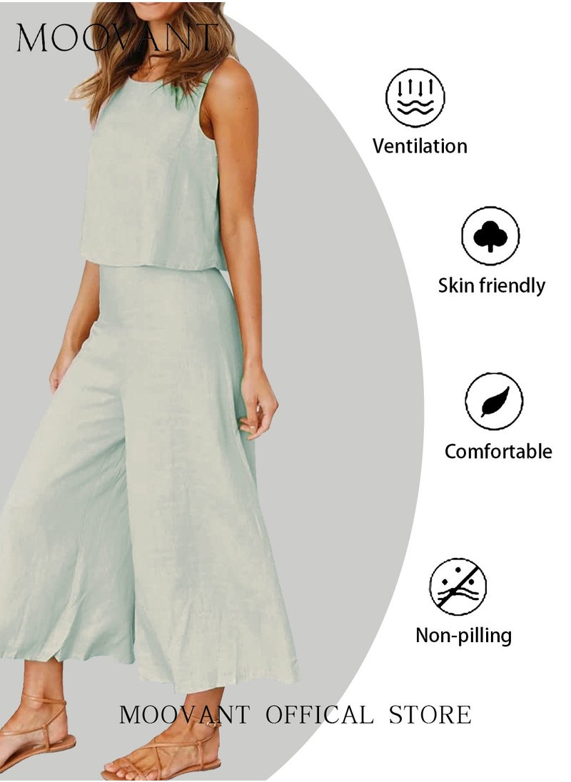 Moovant Women's 2 Pieces Outfits, Thin and Soft, Crew-neck Basic Sleeveless Top Cropped Wide Leg Pants Set, Ladies Summer Wearing Clothes, Light Green  - Image 2