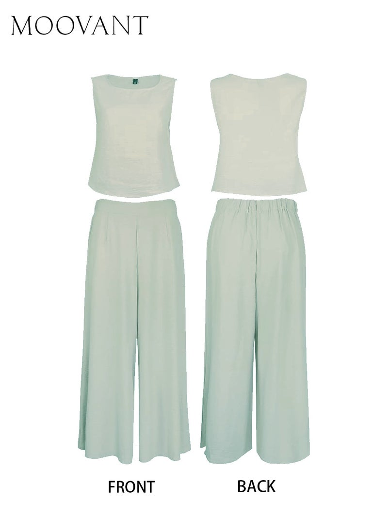 Moovant Women's 2 Pieces Outfits, Thin and Soft, Crew-neck Basic Sleeveless Top Cropped Wide Leg Pants Set, Ladies Summer Wearing Clothes, Light Green  - Image 3